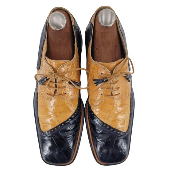 Mauri Vintage Alligator Exotic Mens 12M Honey Tan Navy Blue Dress Shoes Italy main image 5